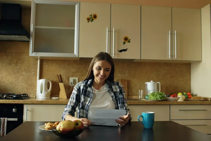 Woman reading a letter at her kitchen table
